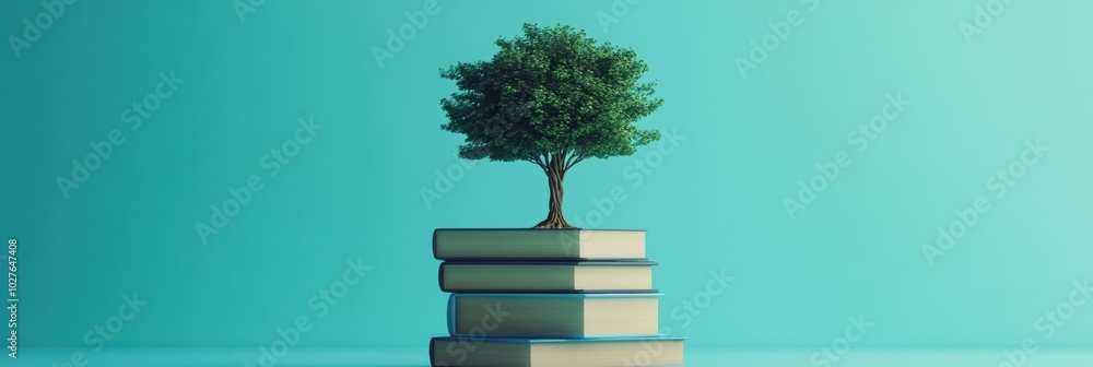 Poster tree of knowledge, an illustration depicting a tree flourishing atop a stack of books, representing 