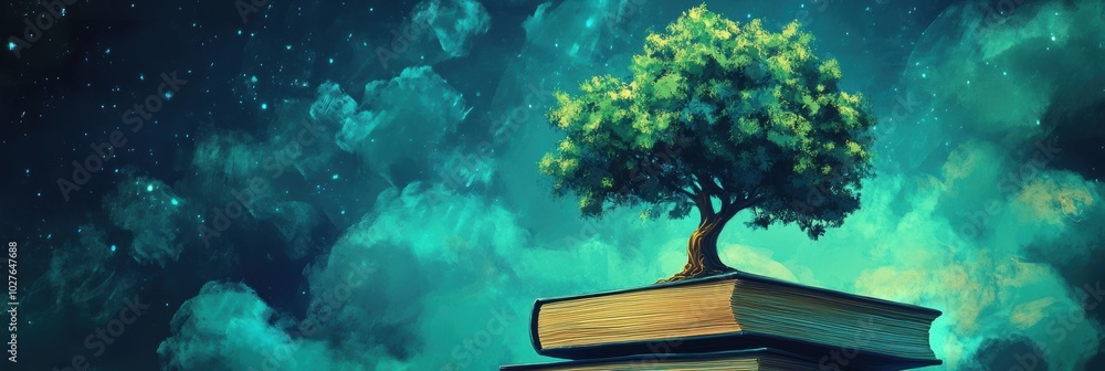 Aufkleber tree of knowledge, an illustration depicting a tree emerging from a stack of books, representing the