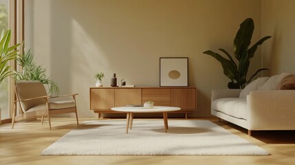 A minimalist living room with a white rug, wooden furniture, and large windows, bathed in warm sunlight.