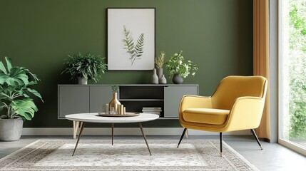 A minimalist living room with a yellow armchair, a coffee table, a cabinet, a rug, and plants in front of a green wall.