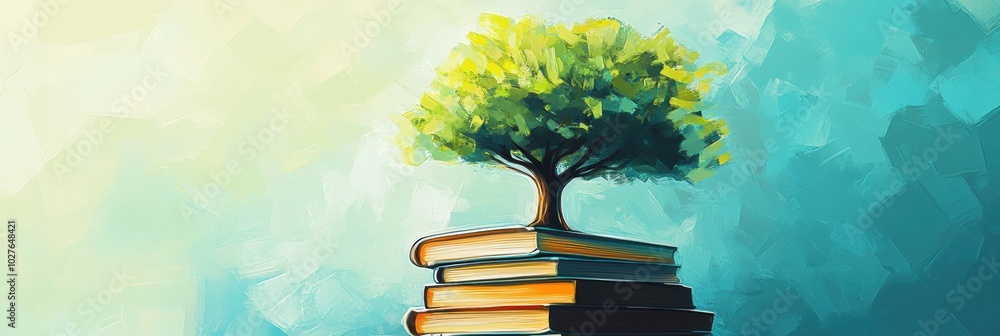 Aufkleber tree of knowledge, a vibrant illustration depicting a tree emerging from a stack of books, represent