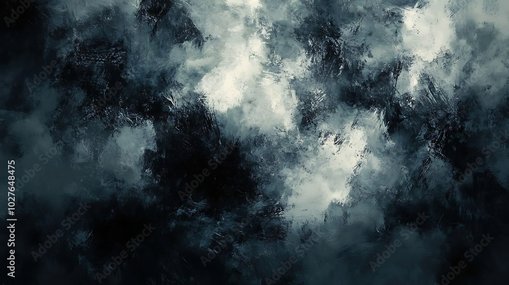 Poster a dark, abstract composition showcasing swirling clouds of gray and white, creating a dramatic and m