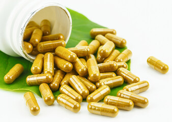 Turmeric Powder in Transparency Hard Gelatin Capsules with Green Natural Leaves on White Background.