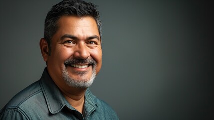 Fototapeta premium A cheerful Hispanic man poses confidently, showcasing his friendly smile against a solid background