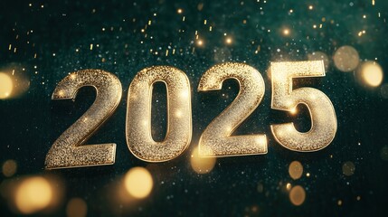 Celebrating the arrival of 2025 with golden sparkle and festive decorations in a vibrant atmosphere