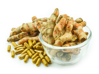 Turmeric (Curcuma longa L.) root and turmeric capsule powder for alternative medicine ,spa products...