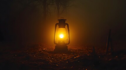 20. A foggy night scene with a lantern guiding the way