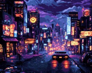 Obraz premium Pixelated car driving through a neon-lit city with purple sky and glowing windows in the buildings .