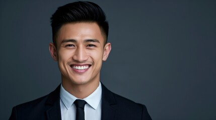 A joyful professional Asian man with an ethnic background exudes confidence and positivity