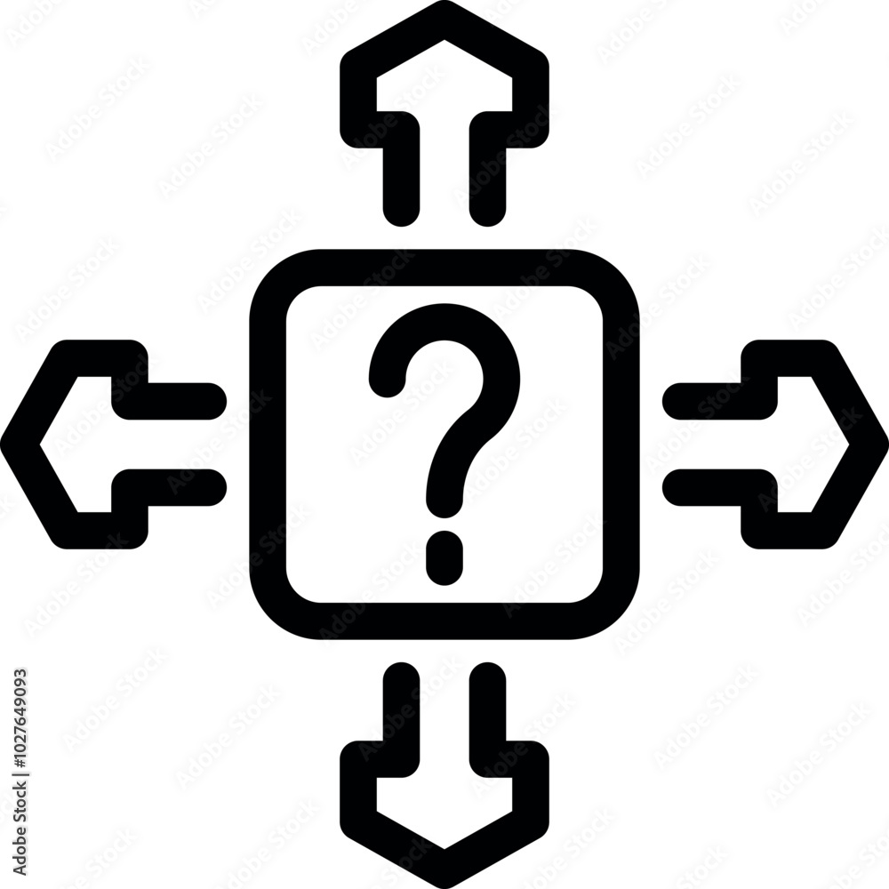 Poster simple icon of a question mark inside a square with arrows going in and out representing decision ma