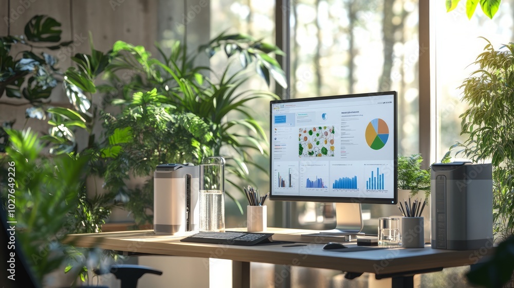 Poster a modern office desk with a computer showing data graphs and charts, surrounded by plants.