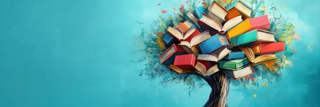 Tree of Knowledge, an imaginative depiction of a tree formed by books and school supplies, representing the growth of learning and education