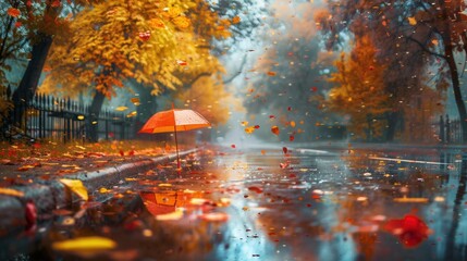 Fototapeta premium Raindrops create a tranquil atmosphere as colorful umbrellas stand out against puddles and fallen leaves in an autumn day. Generative AI