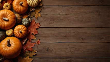 Autumn bottom border banner of pumpkins and fall decor on a rustic wood background with copy space