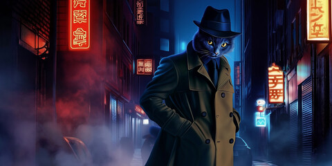 Cat detective standing in dark alley with neon lights
