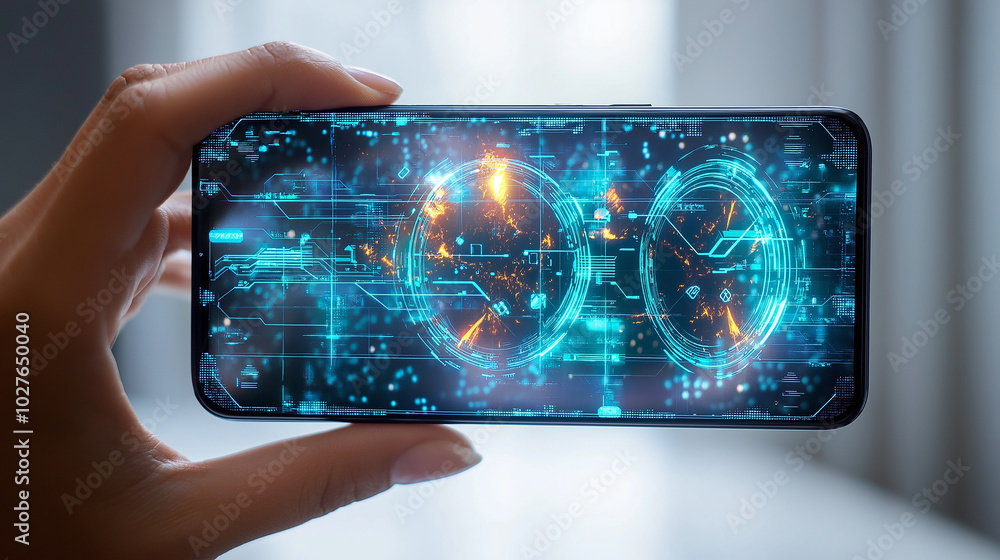 Poster businesswoman holding smartphone showing futuristic hud interface with data analysis charts
