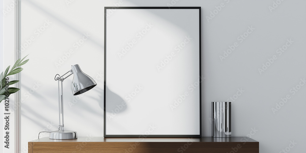 Aufkleber empty frame leaning on white wall with lamp on desk