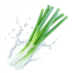 Water splash with fresh leek, isolated on a clean white backdrop