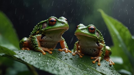 Obraz premium Two green tree frogs with orange eyes perched on a large green leaf in the rain.