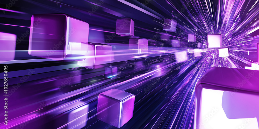 Poster purple cubes accelerating through cyberspace with light trails
