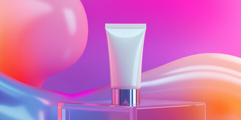 White cosmetic tube standing on glass pedestal on colorful background