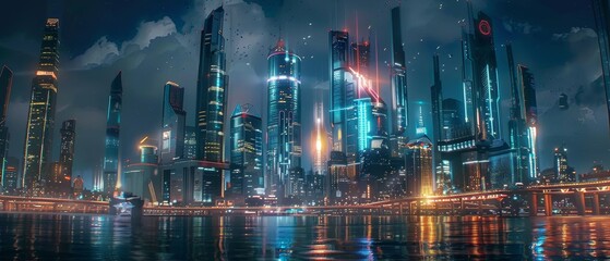 Futuristic Cityscape at Night with Neon Lights