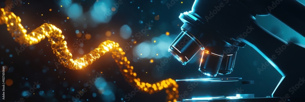 Poster illuminated microscope with radiant lens and ethereal dna strands in a dynamic background