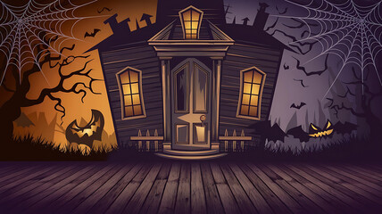 Fototapeta premium Spooky Halloween Haunted House with Orange and Purple Lighting for Creepy Holiday Designs. 
