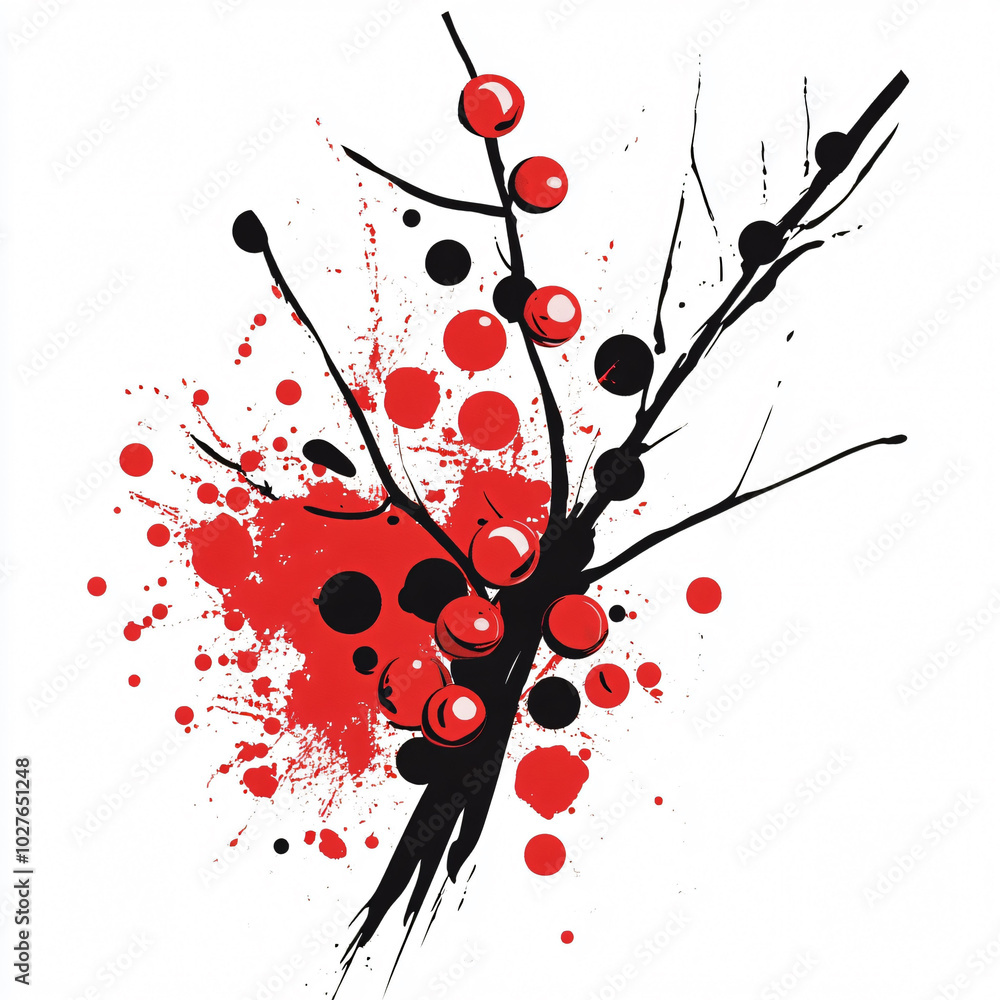 Poster vibrant red and black splashes create striking abstract design featuring branch with berries. simpli