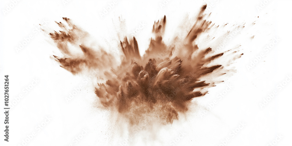 Poster Brown powder exploding on white background creating abstract cloud
