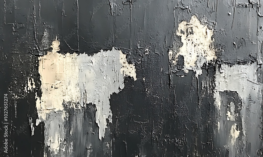 Fototapete a textured wall featuring peeling black paint, exposing lighter patches underneath, creating an abst