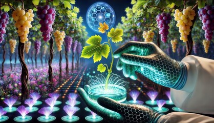 Future of Agriculture. Futuristic vineyard with holographic interface and grape cultivation.
