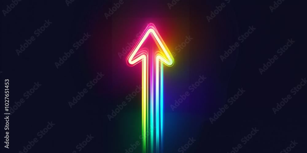 Aufkleber bright neon arrow pointing up on dark background symbolizing growth