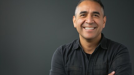 Obraz premium A smiling Hispanic man stands confidently with arms crossed against a plain backdrop