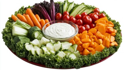 A platter of fresh vegetables with a dip in the center, perfect for a healthy snack or appetizer.