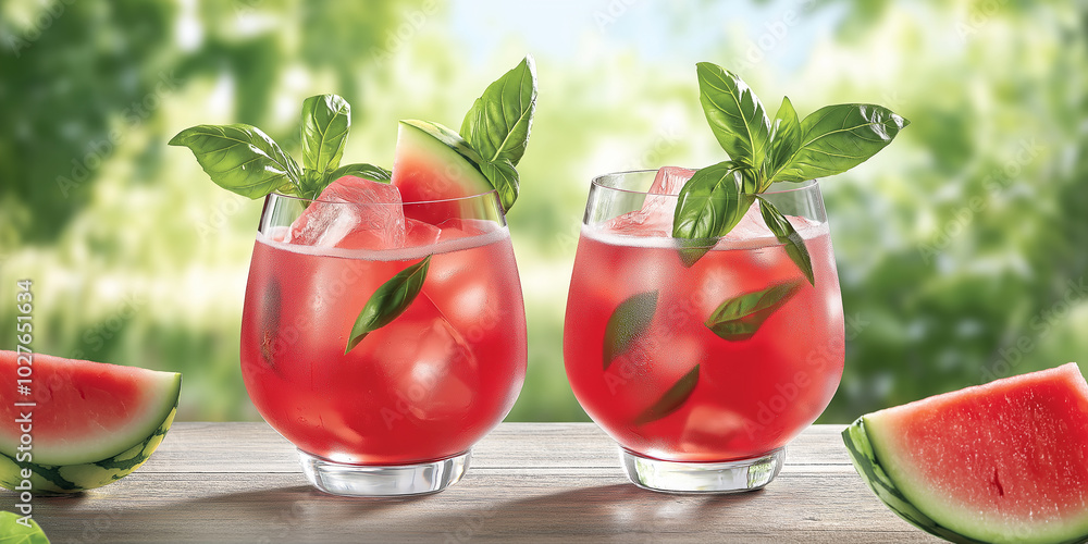 Poster two refreshing watermelon basil drinks with ice on a wooden table outside