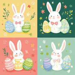 Cute bunnies with colorful Easter eggs in cheerful, festive design. image features four panels, each showcasing bunny with decorated eggs, perfect for spring celebrations
