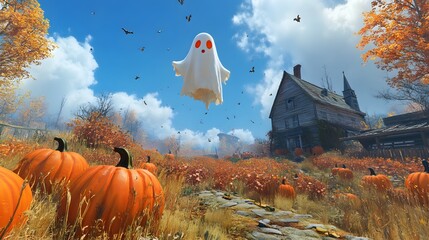 5. A friendly ghost floating above a pumpkin patch