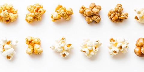 Fototapeta premium Caramel and salted popcorn forming a line on white background