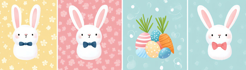 Obraz premium Cute cartoon bunnies with pastel backgrounds, featuring colorful eggs and carrots, perfect for Easter celebrations and springtime joy