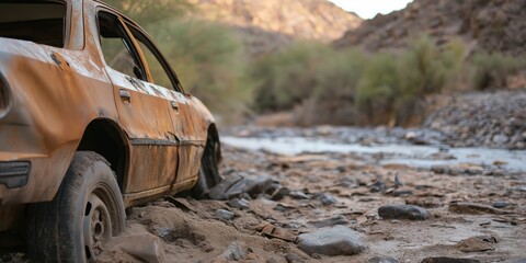 Fototapeta premium An image of a rusted, abandoned car sinking in sand amidst a desert landscape, highlighting decay and abandonment in a barren, sunlit environment.