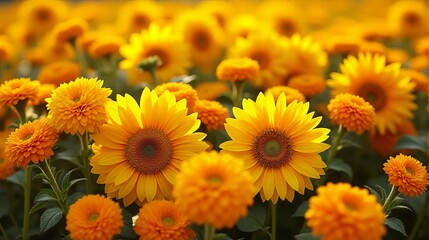 Dense Flower Floral Arrangement Including Sunflowers and Marigolds