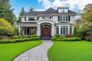 A Modern House with Black Roof and Walkway on a Sunny Day View