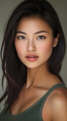 Obraz premium A close-up of a beautiful Asian woman highlighting her features and natural aura in soft light