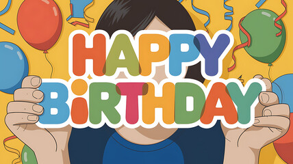 Fototapeta premium Colorful Happy Birthday sign held by a child, celebrating a birthday with balloons and streamers. 