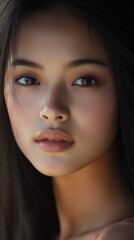 Fototapeta premium A close-up portrait captures a young Asian woman in natural light, highlighting her features