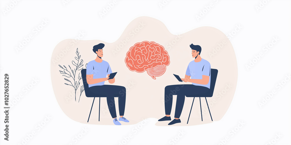 Poster Two men brainstorming sitting on chairs with brain between them sharing ideas on tablet computers