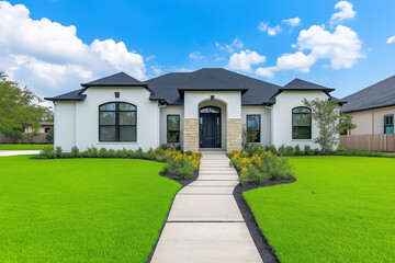 A Modern House with Black Roof and Walkway on a Sunny Day View