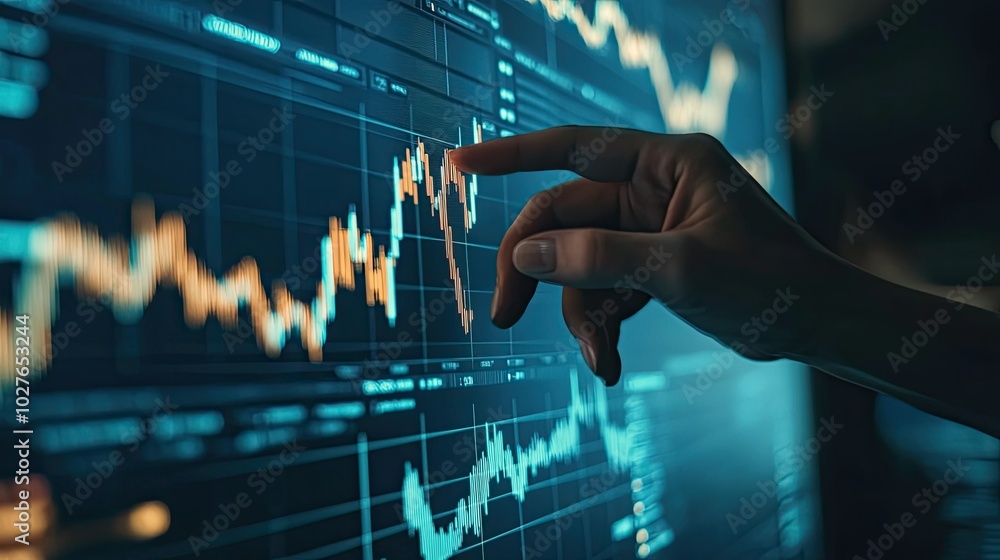 Poster hand pointing at technical data on a screen