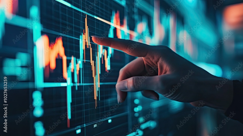 Poster hand pointing at technical graph on screen
